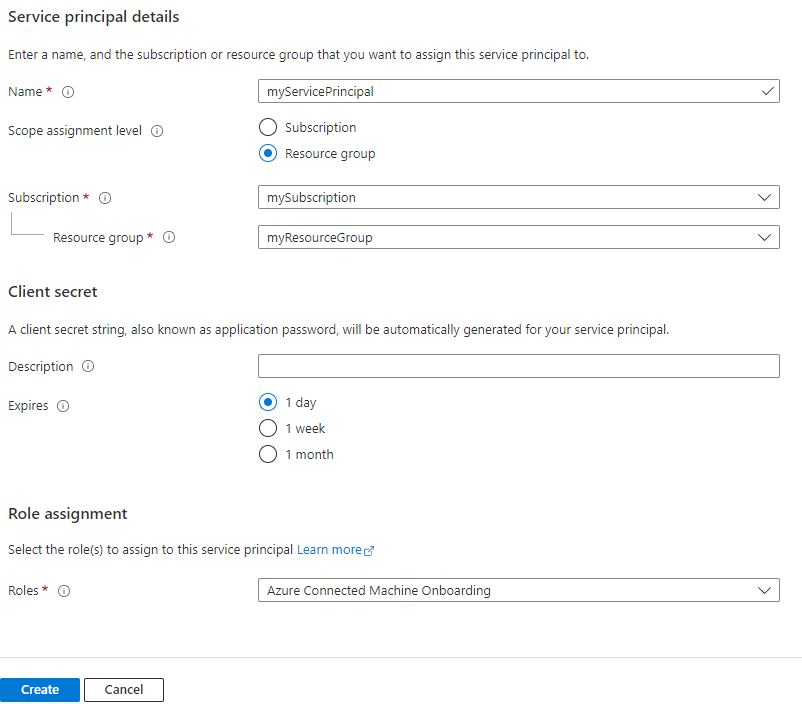 Schermopname van het scherm voor het maken van de Azure Arc-service-principal in Azure Portal.