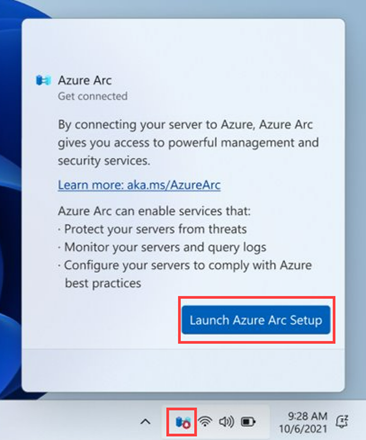 Schermopname van het pictogram van het systeemvak van Azure Arc en het venster voor het starten van het installatieproces van Azure Arc.