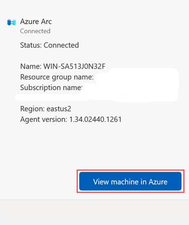 Schermopname van het venster Verbindingsstatus van de machine met de knop Machine weergeven in Azure gemarkeerd.