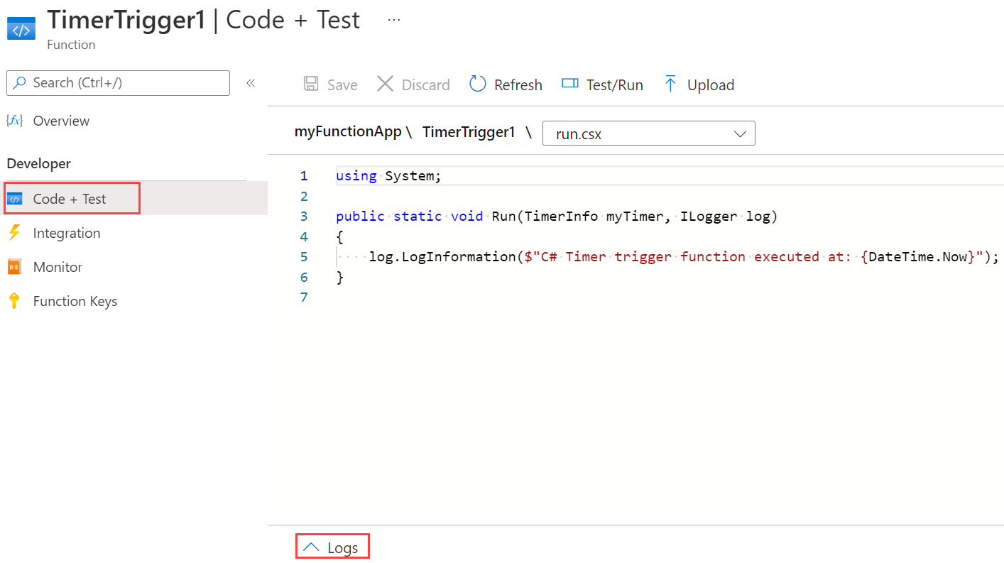 Schermopname van de pagina Timertrigger testen in Azure Portal.