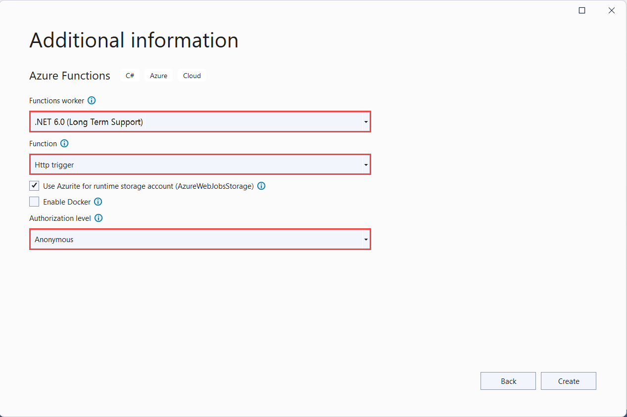 Schermopname van Azure Functions-projectinstellingen