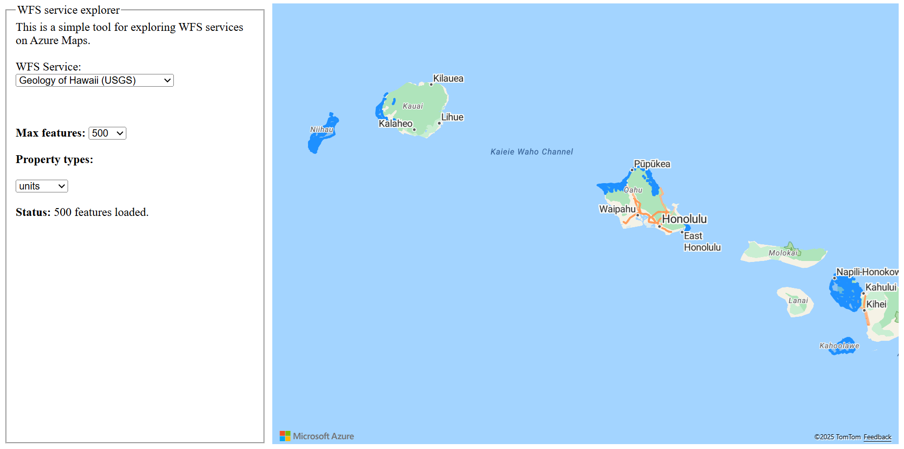 Een schermopname van een eenvoudig hulpprogramma voor het verkennen van WFS-services in Azure Maps.