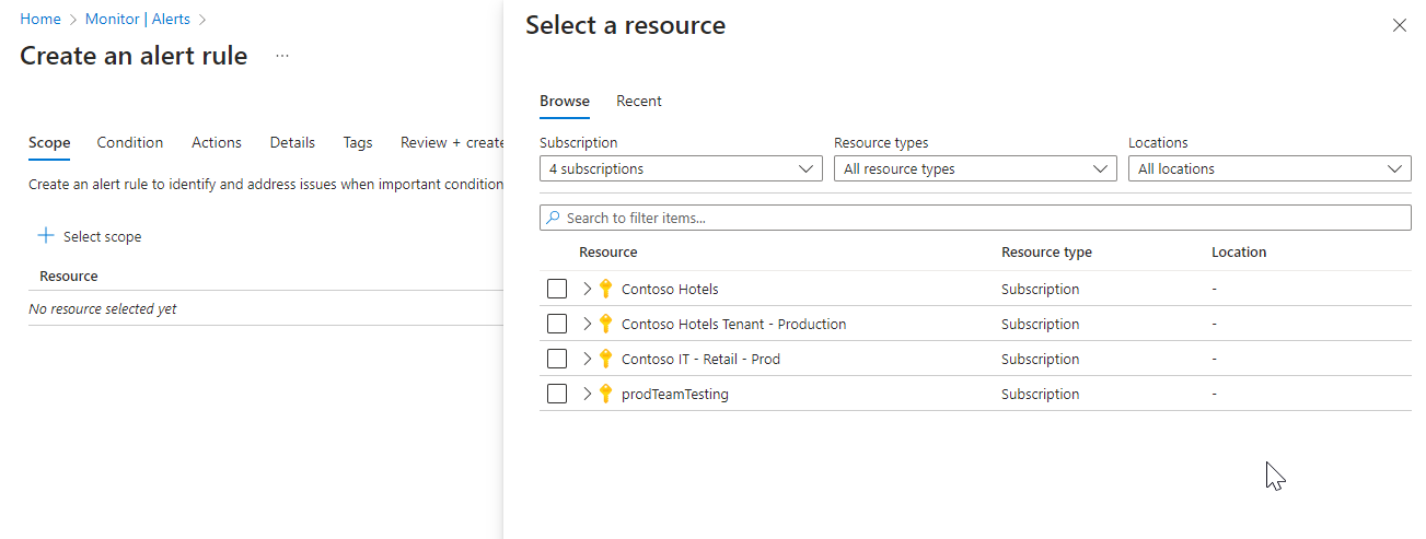 Schermopname van het deelvenster Resource selecteren voor het maken van een nieuwe waarschuwingsregel.