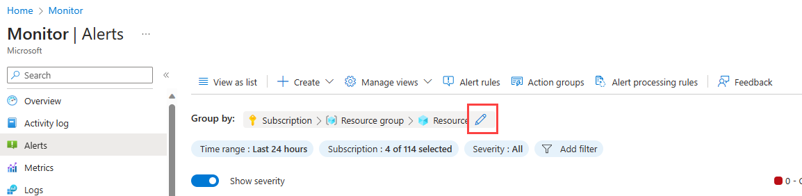 Schermopname van het potloodpictogram om de tijdlijnweergave van de pagina waarschuwingen in Azure Portal te bewerken.