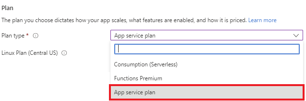 Schermopname van waar u Een App Service-plan selecteert in de vervolgkeuzelijst in het maken van de Functions-app.