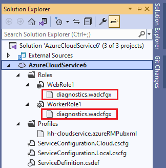 Schermopname van het diagnostische bestand in azure Cloud Services Solution Explorer.