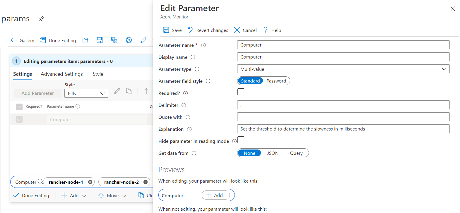 Schermopname van het maken van een parameter met meerdere waarden in een werkmap.