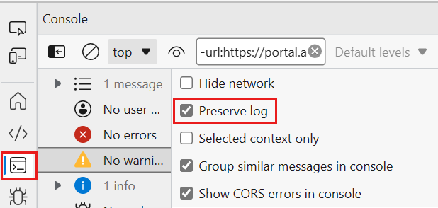 Schermopname waarin de optie Logboek behouden op het tabblad Console in Edge is gemarkeerd.