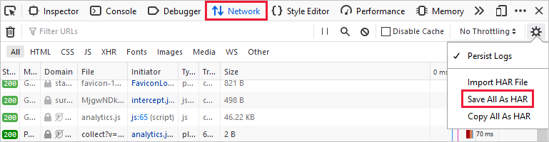 Schermopname van de opdracht Alles opslaan als HAR op het tabblad Netwerk.