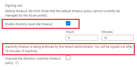 Schermopname van de time-outopties voor inactiviteit op mapniveau.