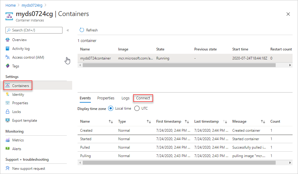 Schermopname van de optie containerinstantie voor verbinding met het implementatiescript in Azure Portal.