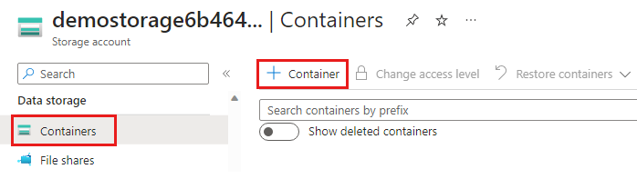 Schermopname van het scherm van het opslagaccount om een nieuwe container te maken.