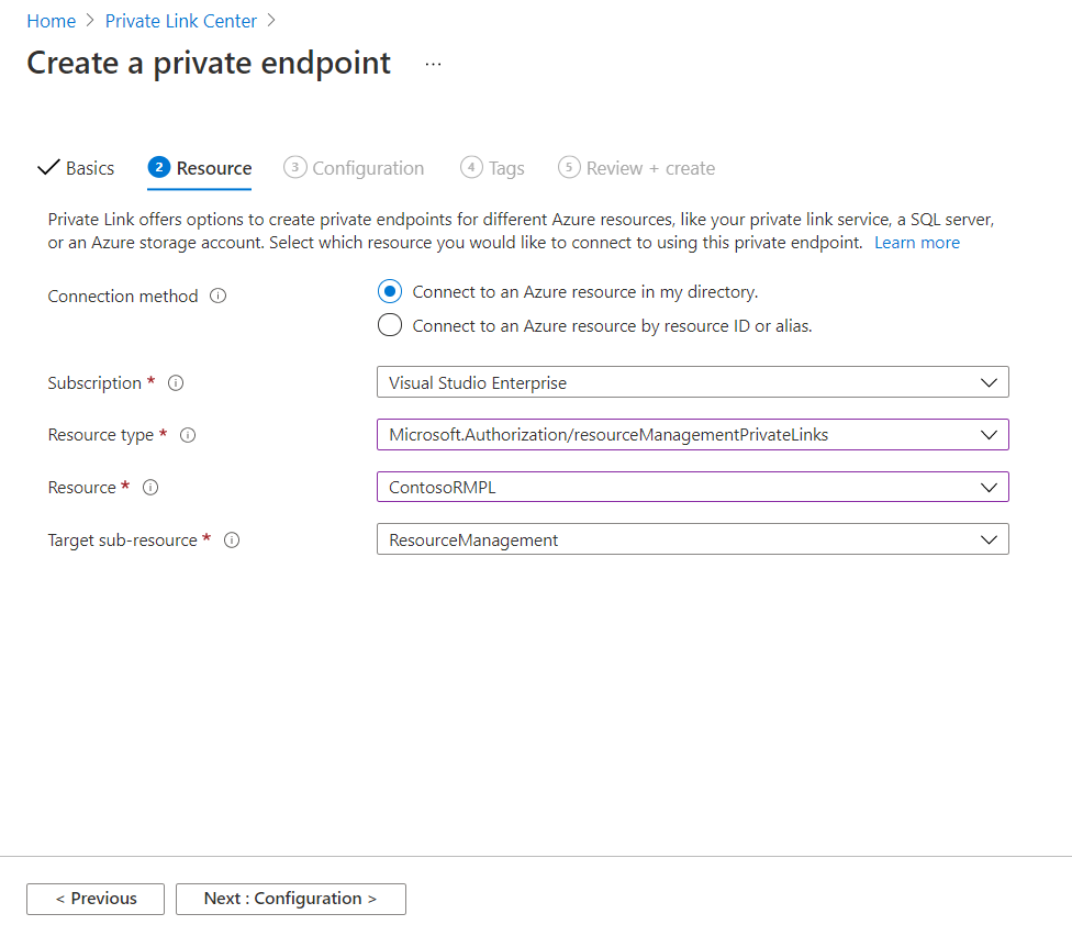 Schermopname van Azure Portal met het tabblad Resource met velden om het resourcetype en de doelsubbron voor het privé-eindpunt te selecteren.