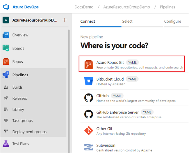 Schermopname van het selecteren van de codebron in Azure DevOps