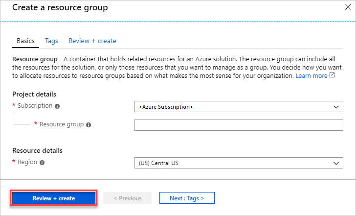 Schermopname van het instellen van eigenschapswaarden voor resourcegroepen in Azure Portal