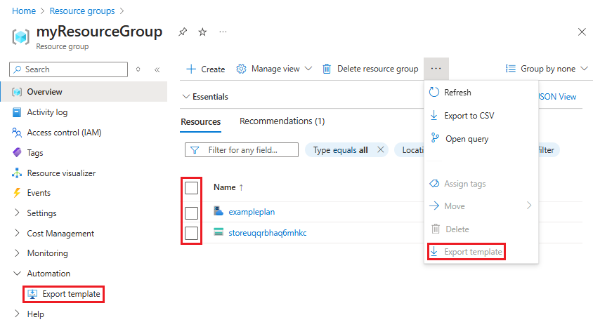 Schermopname van het selecteren van alle resources voor export in Azure Portal.