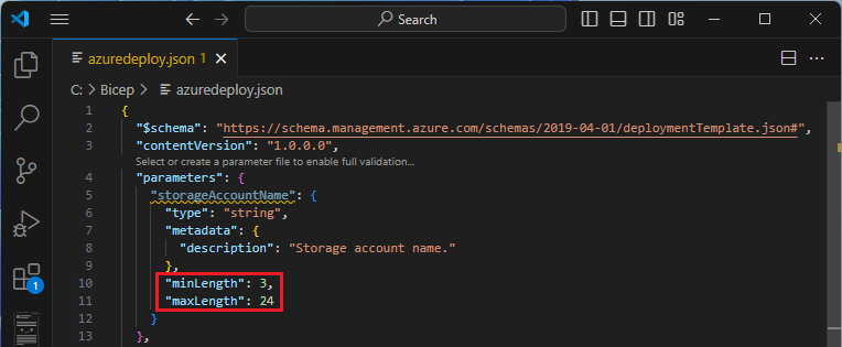 Schermopname van minLength en maxLength die wordt toegevoegd aan een ARM-sjabloonparameter.