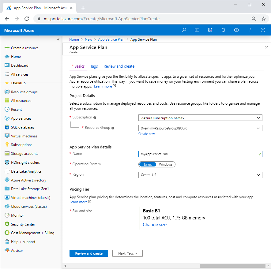 Schermopname van de pagina Plan maken App Service in de Azure Portal.