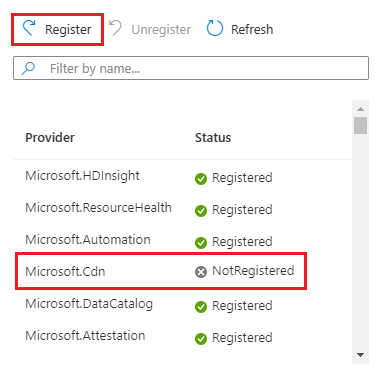 Schermopname van de lijst Azure Portal resourceproviders, met een specifieke provider geselecteerd en de knop Registreren gemarkeerd.