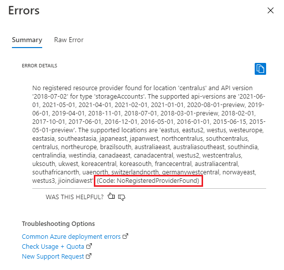 Schermopname van een samenvatting van een implementatiefout in de Azure Portal, met het foutbericht en de foutcode NoRegisteredProviderFound.