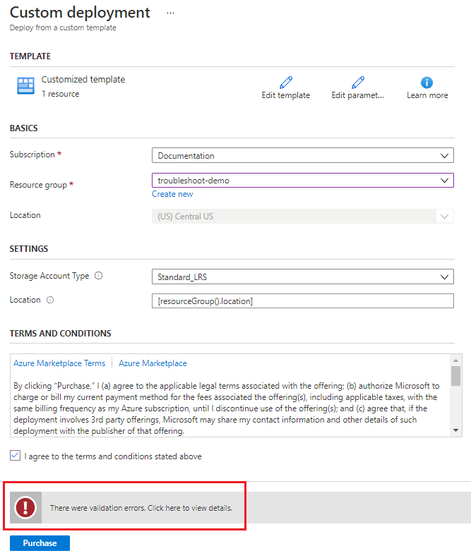 Schermopname van een validatiefout in de Azure Portal voor een implementatiepoging van een opslagaccount.