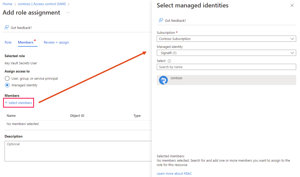 Schermopname van het tabblad Leden bij het toevoegen van een roltoewijzing aan Key Vault.