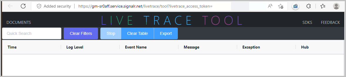 Schermopname van het vastleggen van livetraceringen met het hulpprogramma livetracering.