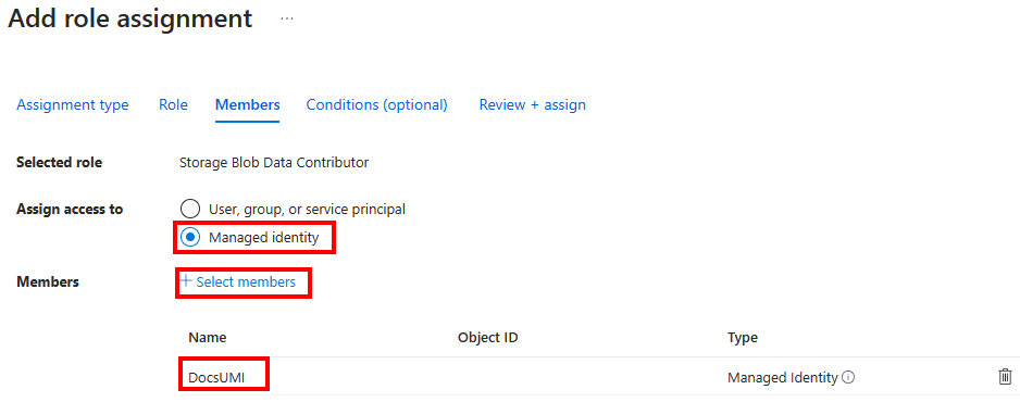 Screenshot of assigning the Storage Blob Data Contributor to the Managed Identity in the Azure portal.