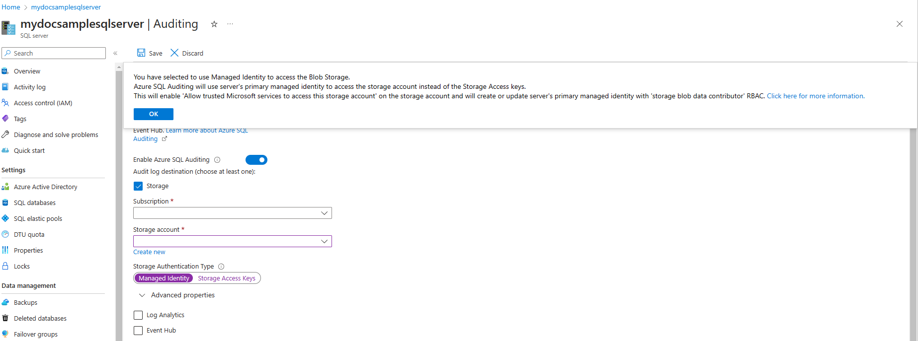 Screenshot of the Auditing menu in the Azure portal and selecting Managed Identity as the Storage Authentication Type.