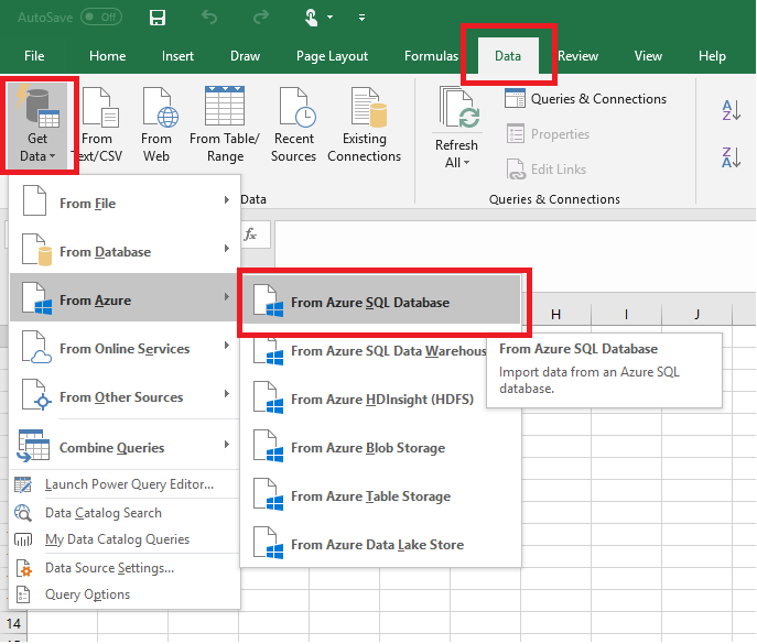 Select data source: Connect Excel to SQL Database.