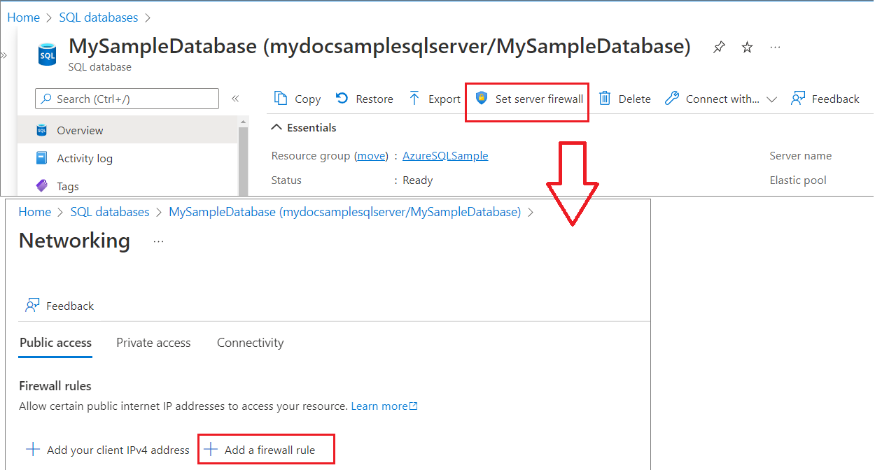 Screenshot of the Azure portal, showing the firewall page, with server-level IP firewall rule highlighted.