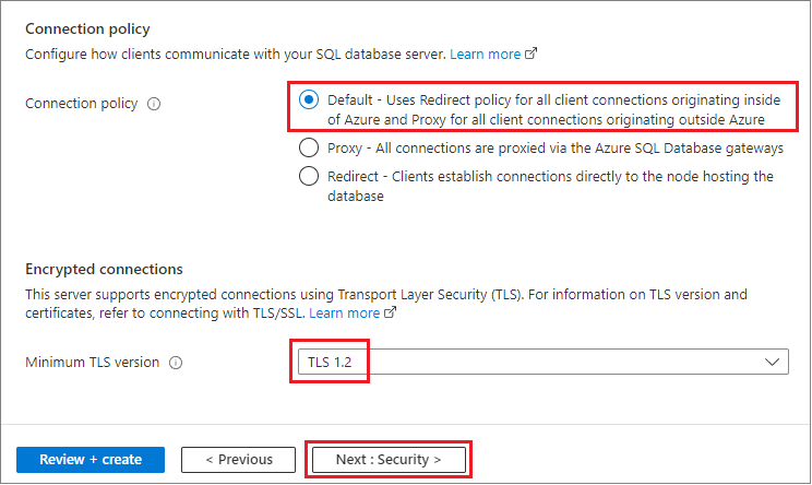 Screenshot that shows the networking tab for policy and encryption.