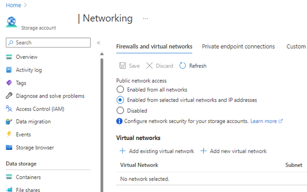 Screenshot shows Firewalls and virtual networks settings.