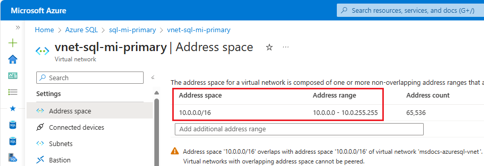 Screenshot of the address space for the primary virtual network in the Azure portal.