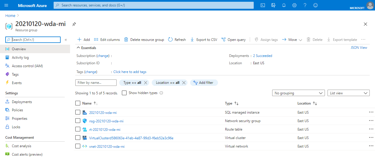 Schermopname van de SQL Managed Instance-resources in de Azure portal.