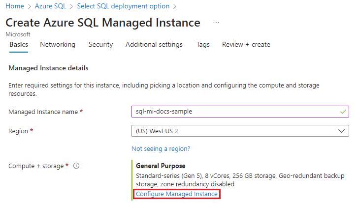 Schermopname van de pagina voor het aanmaken van een Azure SQL Managed Instance met het configureren van Managed Instance geselecteerd.