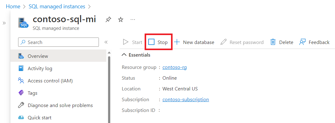 Schermopname van de pagina 'Overzicht' van het beheerde exemplaar in de Azure portal, met de knop 'Stoppen' gemarkeerd. 