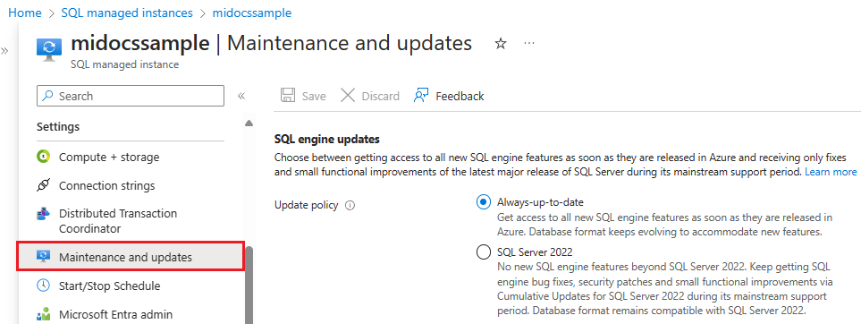 schermopname van de pagina SQL Managed Instance in Azure Portal, met updatebeleid geselecteerd.