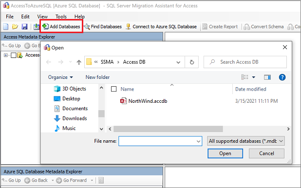 Schermopname van het tabblad Databases toevoegen in SSMA for Access.