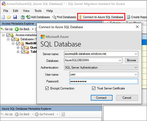 Schermopname van het deelvenster Verbinding maken met Azure SQL database voor het invoeren van verbindingsgegevens.