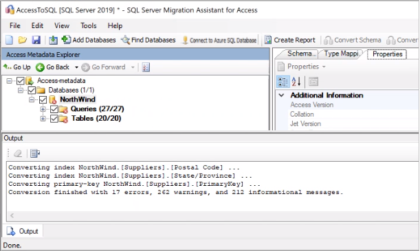 Schermopname die laat zien dat de objecten in Access Metadata Explorer worden geconverteerd.