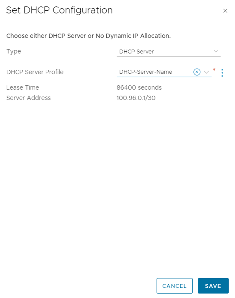 Schermopname van het bewerken van de NSX Tier-1-gateway voor het gebruik van een DHCP-server.