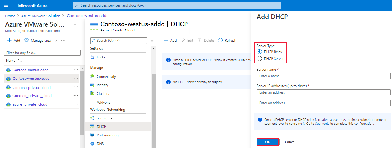 Schermopname die laat zien hoe u een DHCP-server of DHCP-relay toevoegt in Azure VMware Solutions.