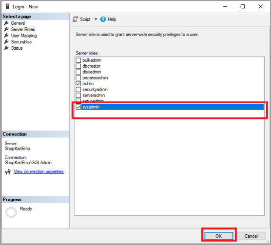 Controleren of de serverfunctie sysadmin is geselecteerd