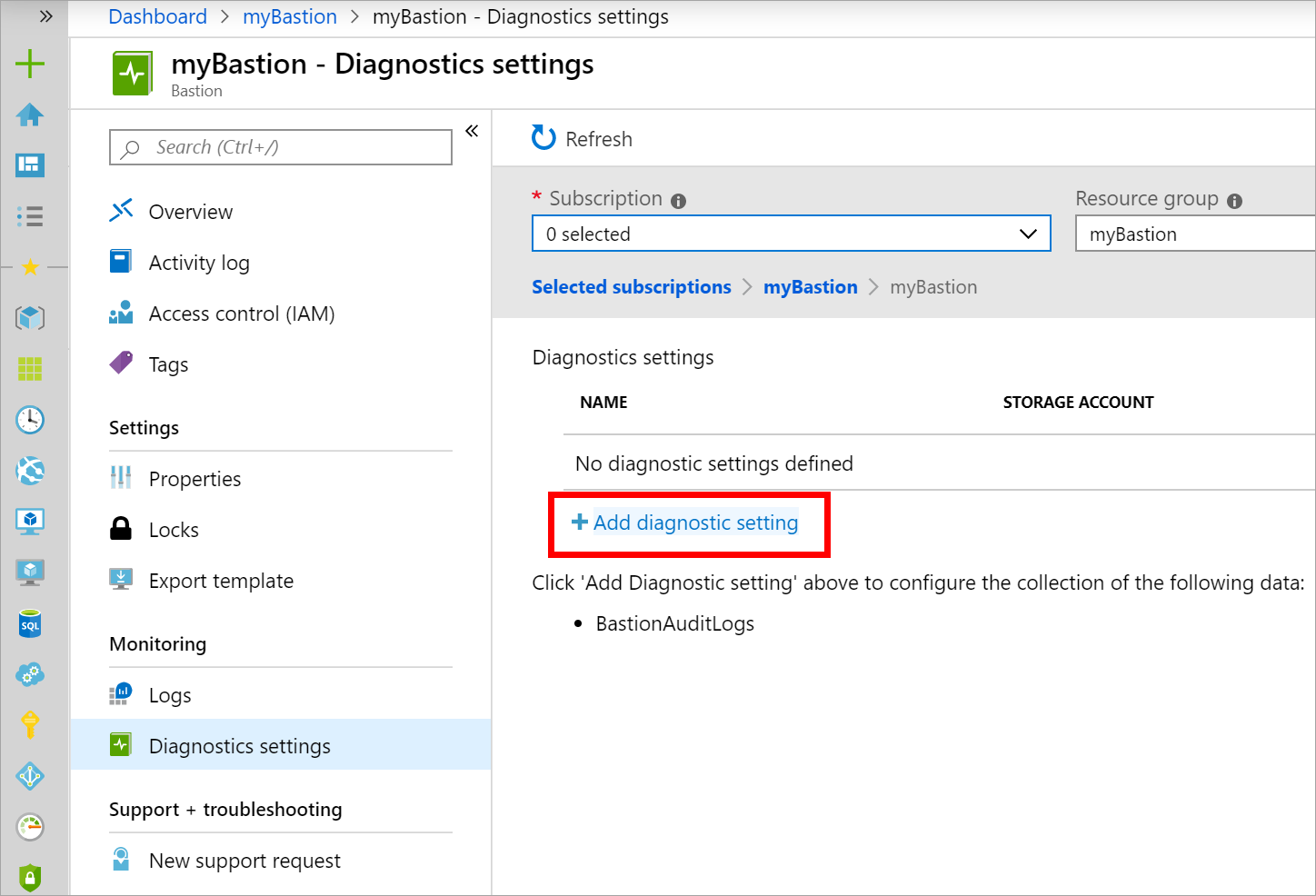 Schermopname van de pagina Diagnostische instellingen met de knop Diagnostische instelling toevoegen geselecteerd.