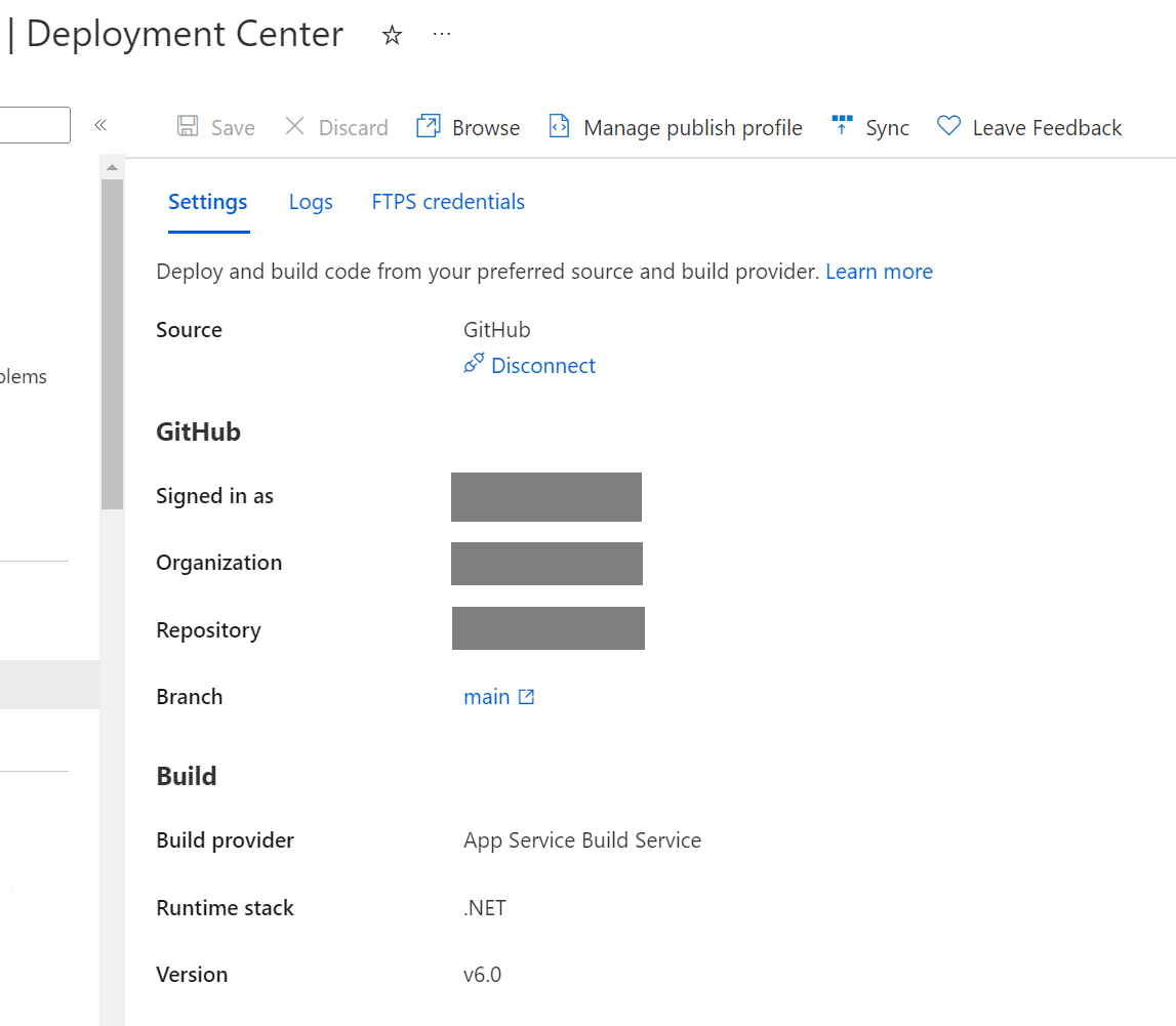 Schermopname van de blade Deployment Center, waarbij de bron- en buildprovider is geconfigureerd.