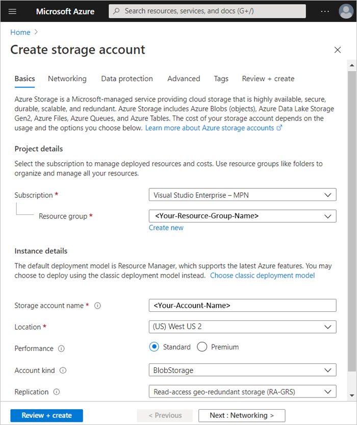 Schermopname van het maken van een Azure Storage-account.