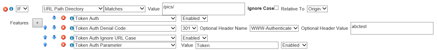 Schermopname van het voorbeeld van de instellingen voor tokenverificatie van de netwerkregelsgine voor contentlevering.