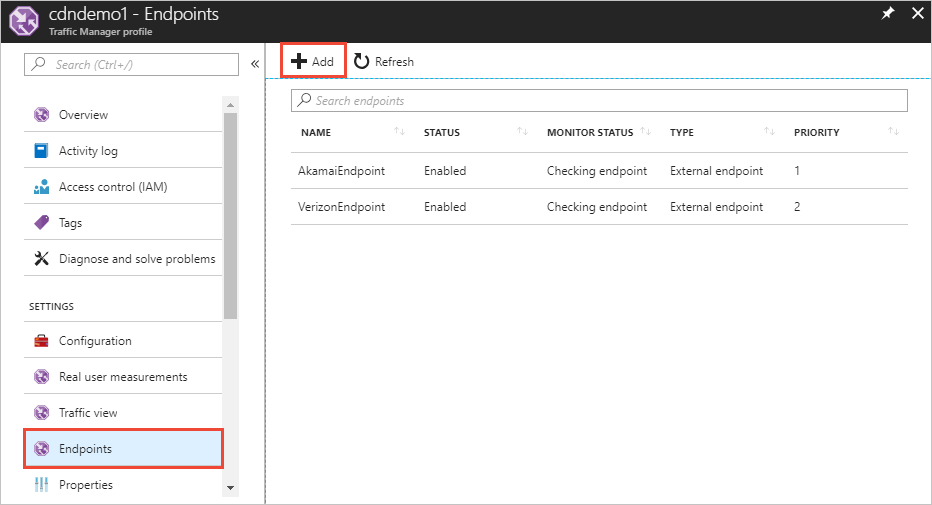 Schermopname van de Traffic Manager-eindpunten voor contentlevering.