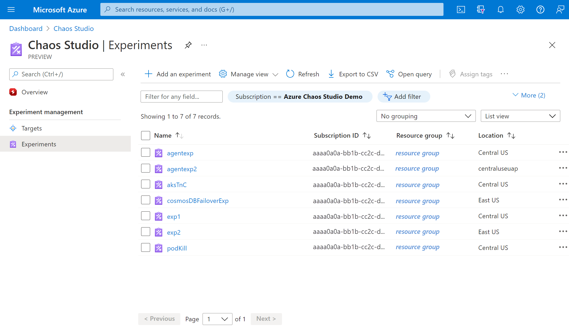 Schermopname van de weergave Experimenten in Azure Portal.